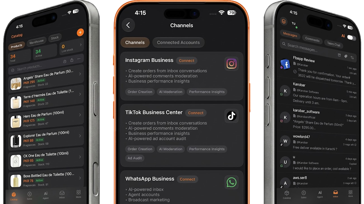 Karobar mobile app showing Catalog, Channels, and Inbox on iPhone