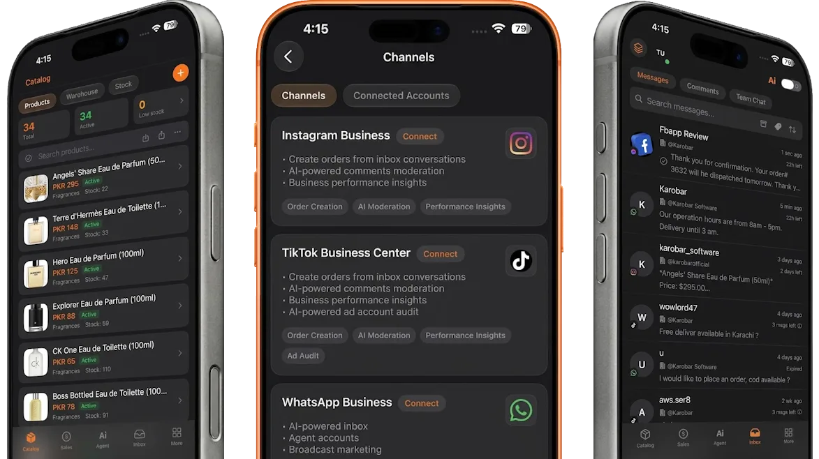 Karobar mobile app showing Catalog, Channels, and Inbox on iPhone